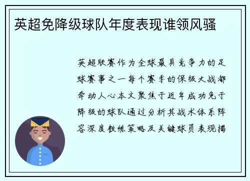 英超免降级球队年度表现谁领风骚