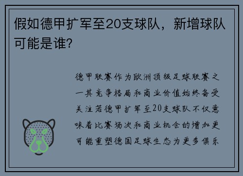 假如德甲扩军至20支球队，新增球队可能是谁？