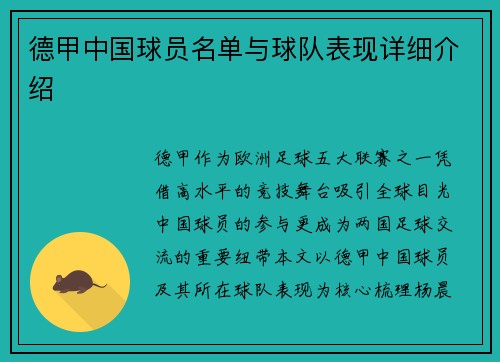 德甲中国球员名单与球队表现详细介绍
